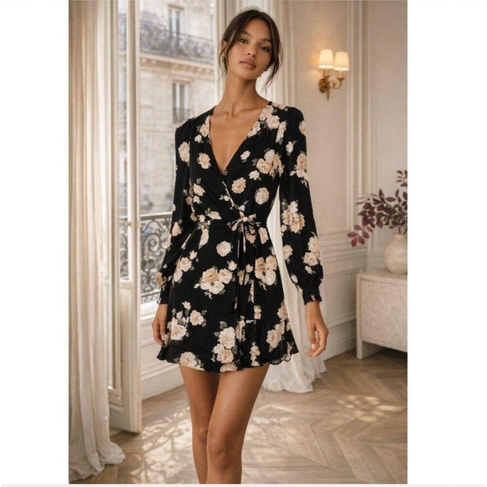 Abercrombie & Fitch Black Floral Long Sleeve Wrap BOHO Mini Dress Small